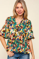 Haptics Full Size Frill Floral Puff Sleeve Peplum Blouse - Elegant & Romantic Women's Top